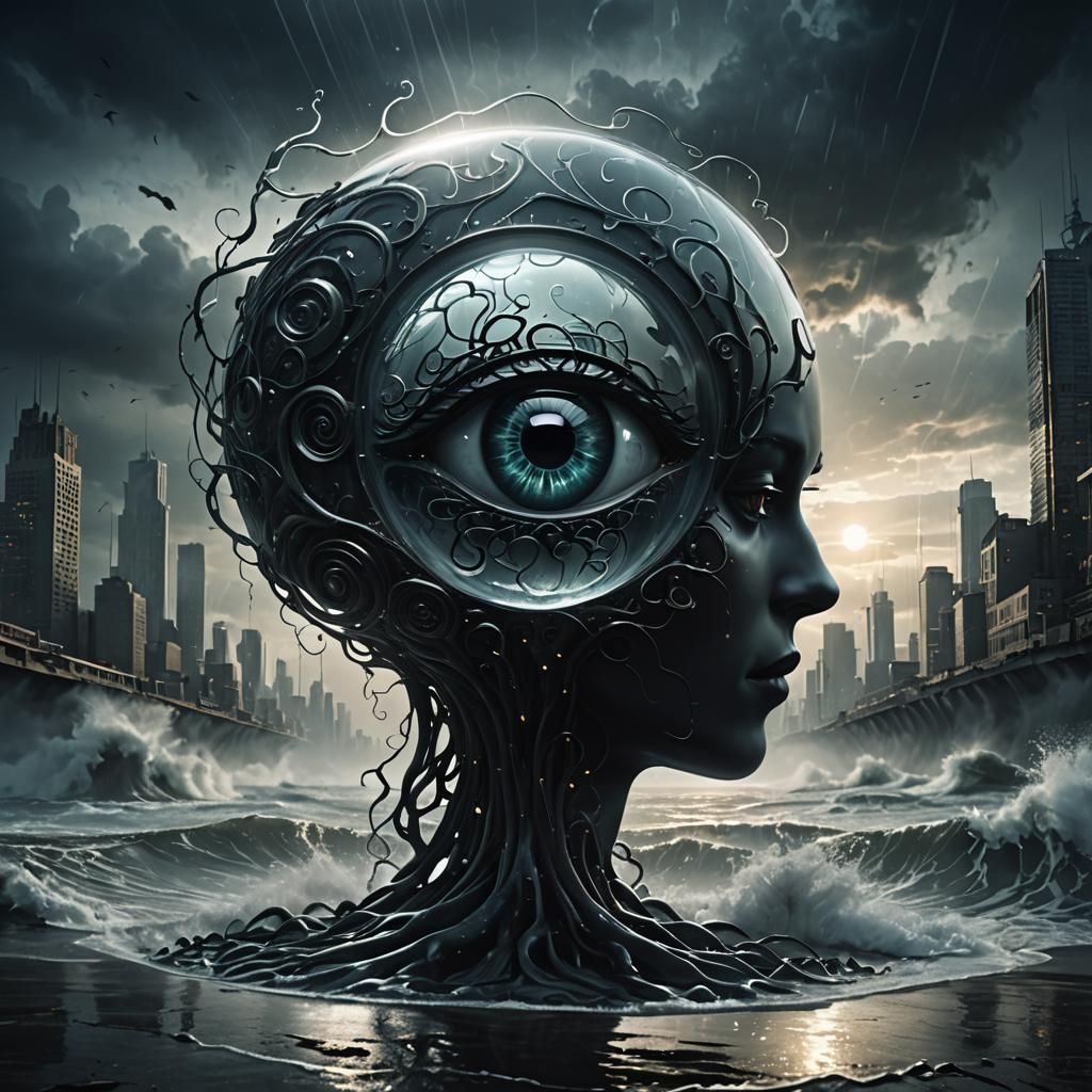 An enthralling 3D render of an optical illusion in a dark fantasy world. At its core is a translucent glass "A" shape, i...