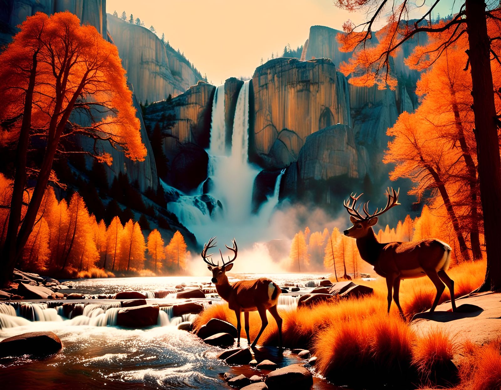 Waterfall, negative color, Yosemite national park, stunning deers  by @Tikissat