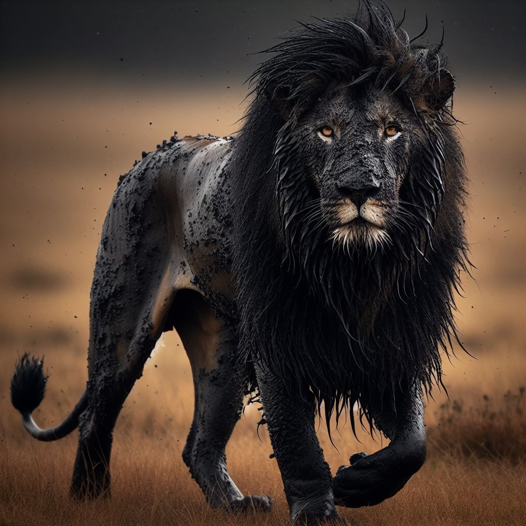 A Lion covered in black mud