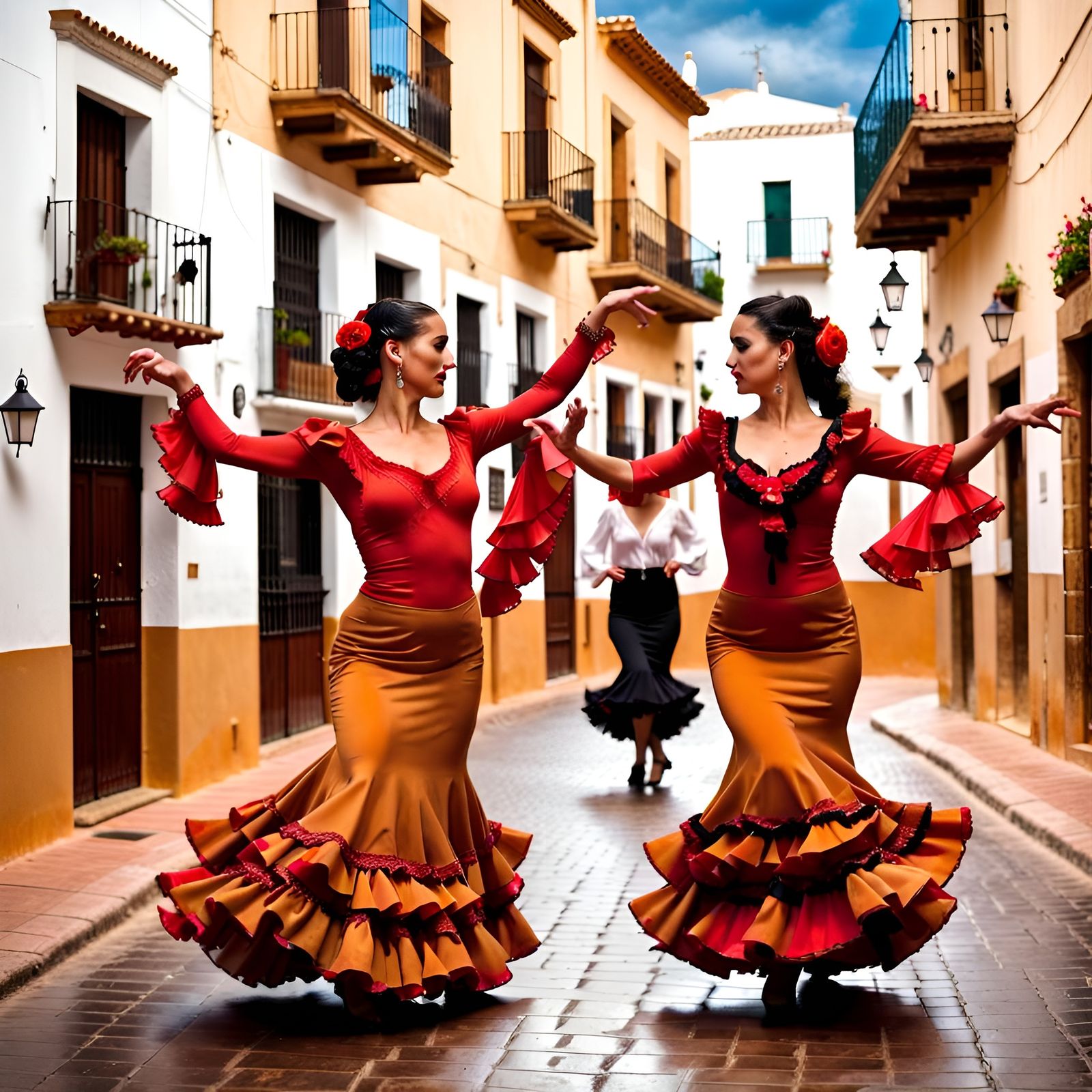 Beautiful flamenco Gypsy dancers dancing in the brown street...