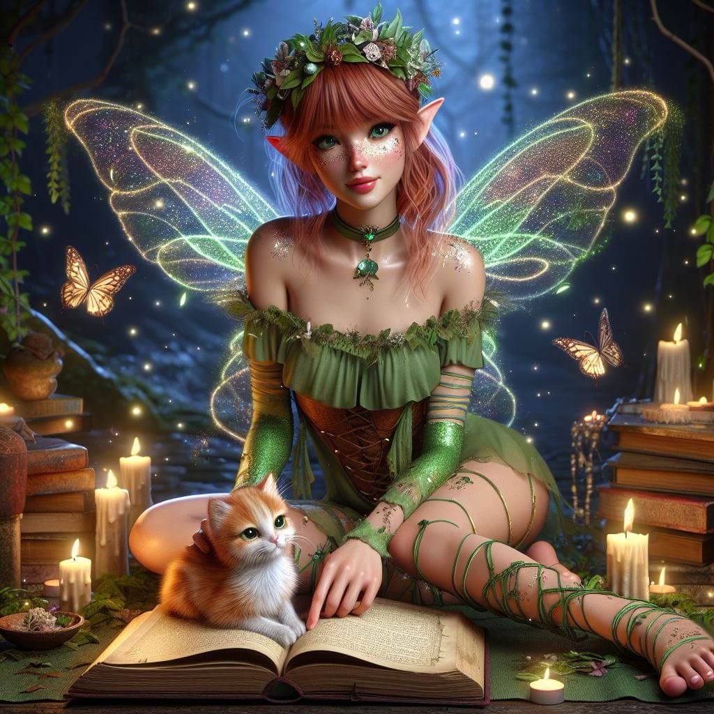 Cute fairy reading with a kitten