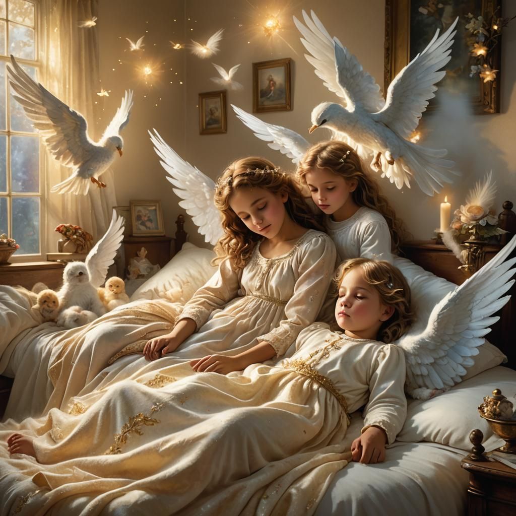 Angels Hold Sleeping Child in Ethereal Fantasy