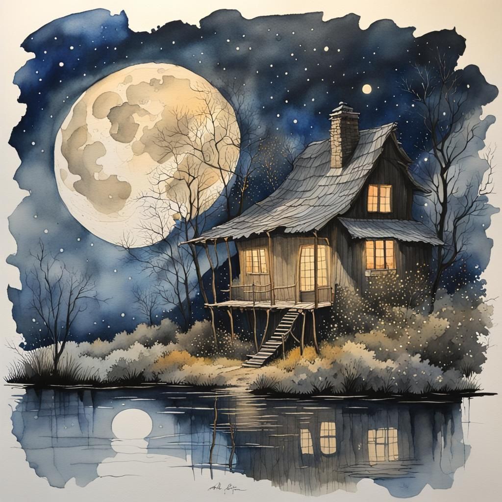 rustic cottage at night, full moon  by @Mapont