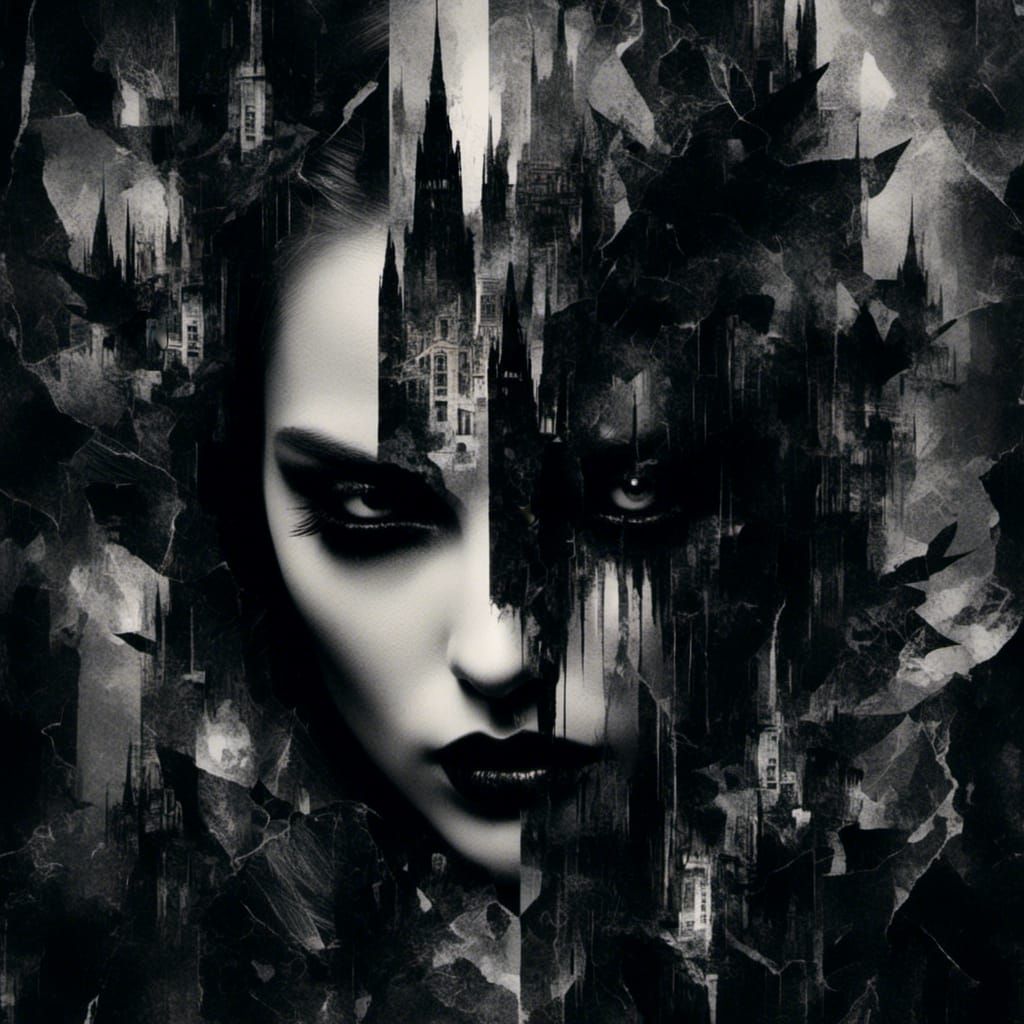 <lora:DarkMedia:1.0>dark double exposure  collage 
 monochrome, black and white ,    vampire in the dark manor , in the dark city , coffins...