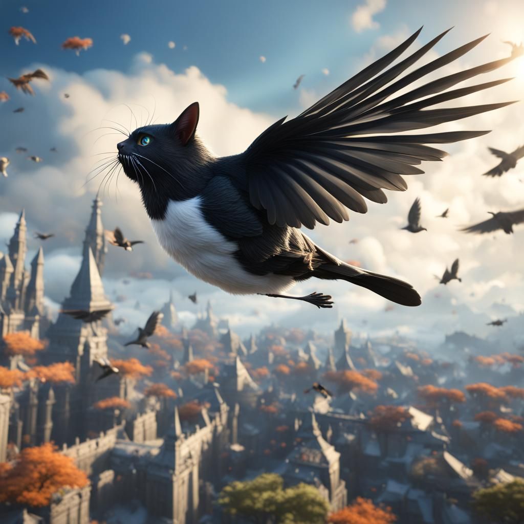robin bird, flying, blue sky, Black and White cat