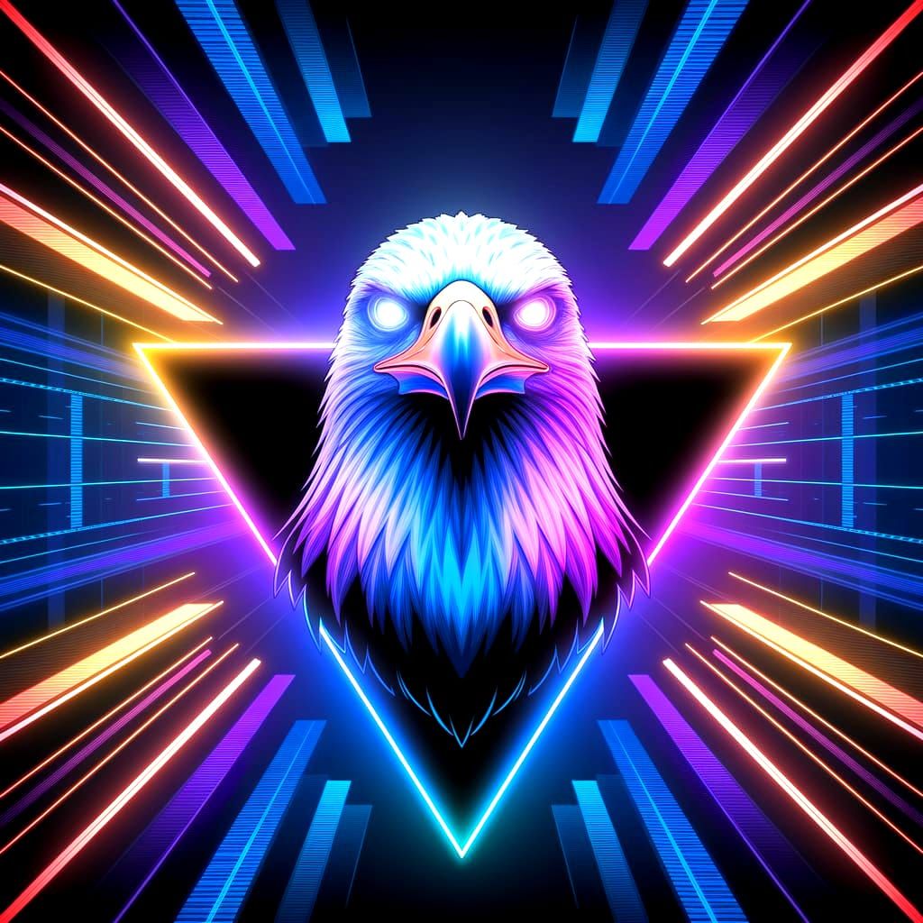 The Cyberpunk Stylized Eagle Dreams. Facing the viewer. Only the Eagle's head is visible, floating in the middle of the background. Poster d...
