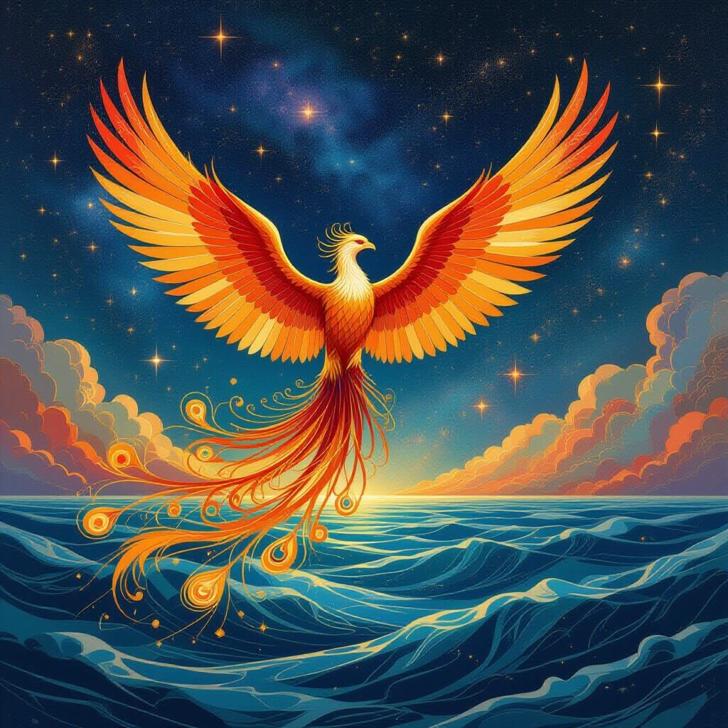 A majestic phoenix, its feathers made of swirling nebulae and stardust, ascending from a cosmic ocean. The background is a vast expanse of g...