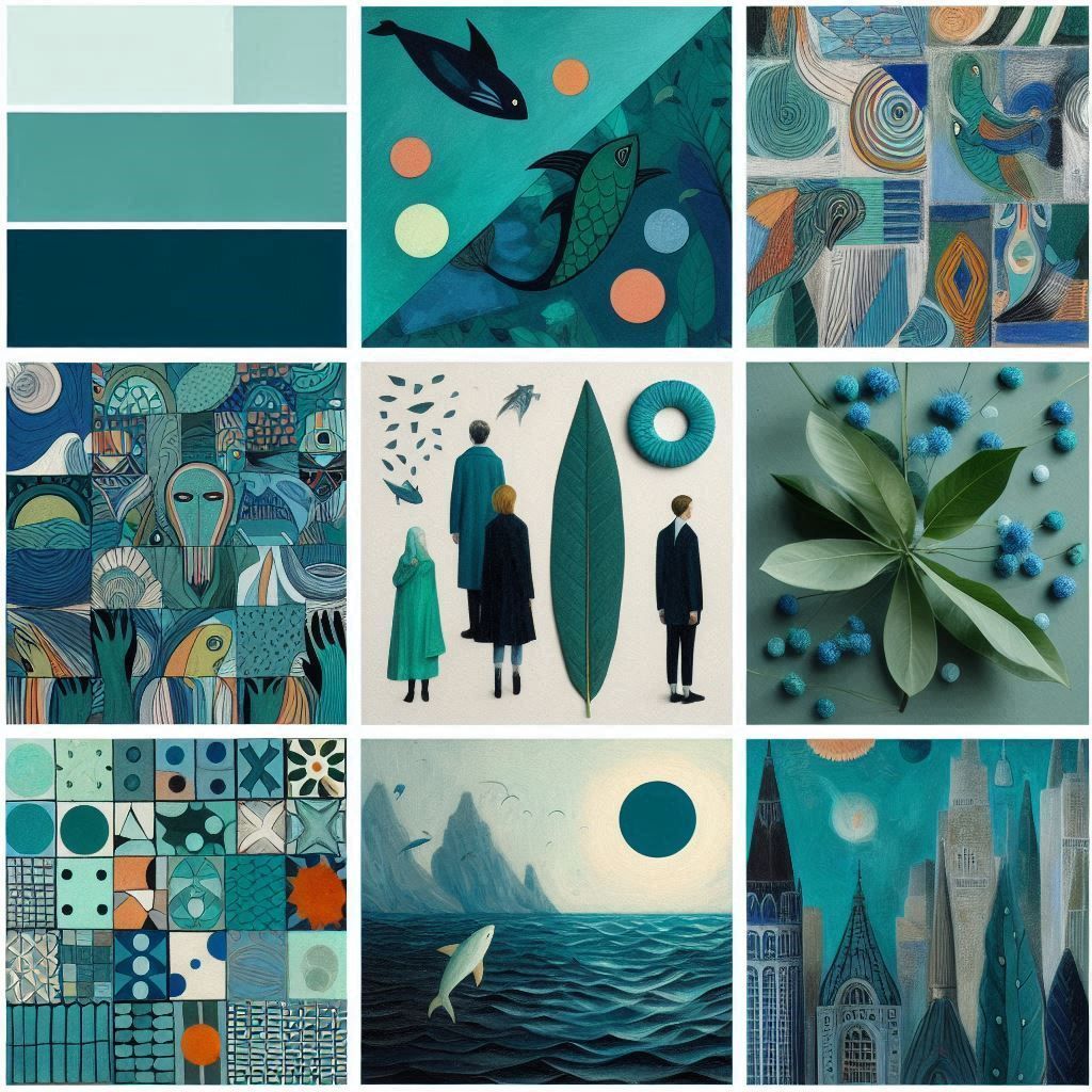 moodboard, turquoise, leaf green, navy, disturbing atmospher...