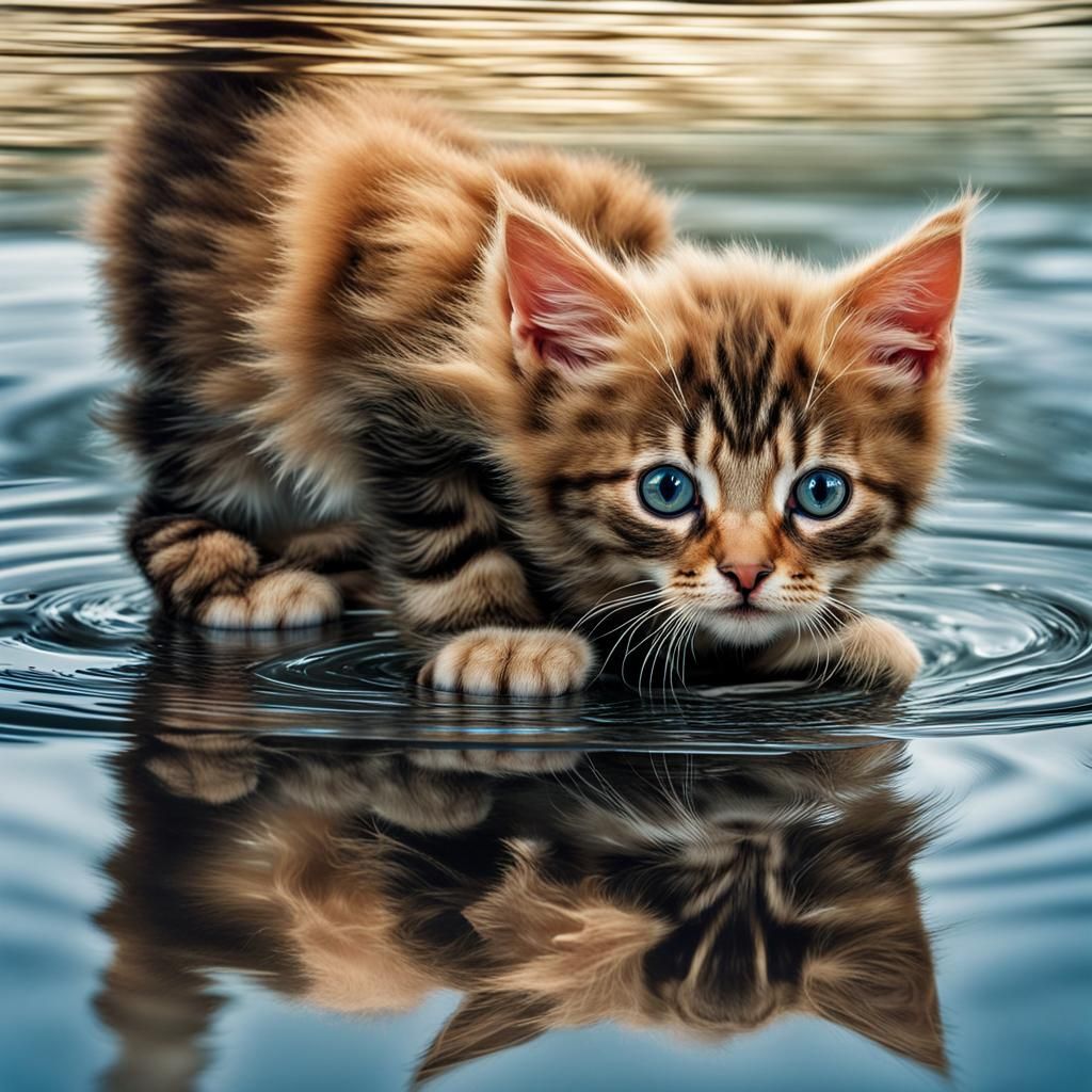 Kitten looking at reflection in water