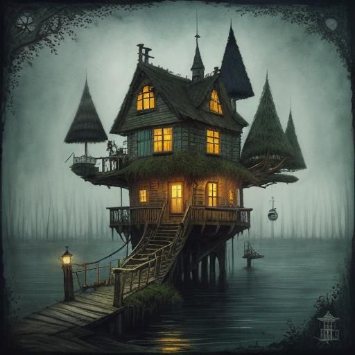 tree house on a little island, watercolors, dark background,...