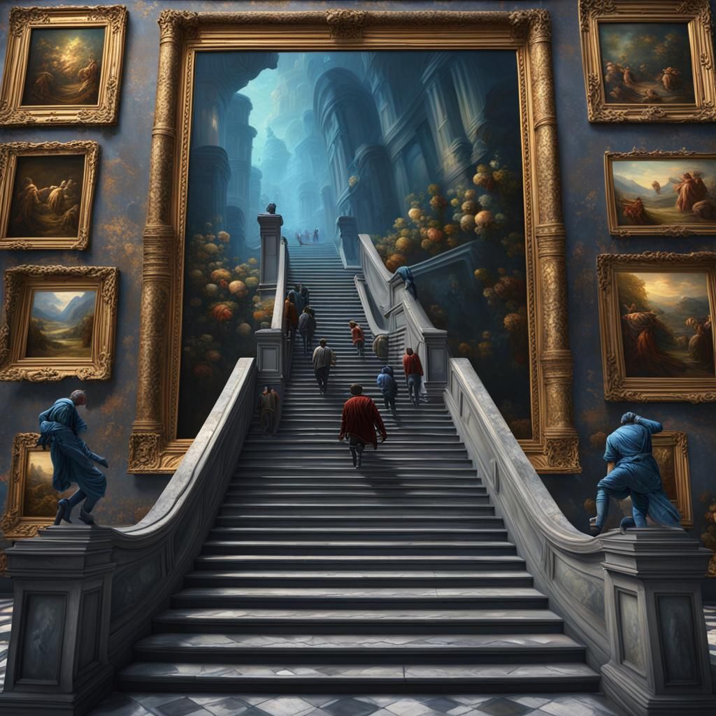 Stair leading down from classical painting into gallery and gallery spectators climbing up the stairs ...  by @Runway Lights 