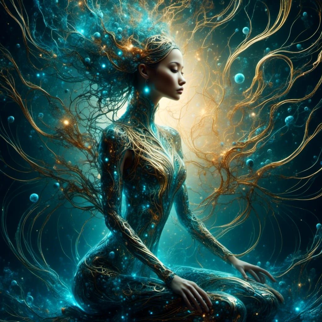 Scandinavian Woman in Lotus Position with Cosmic Hues