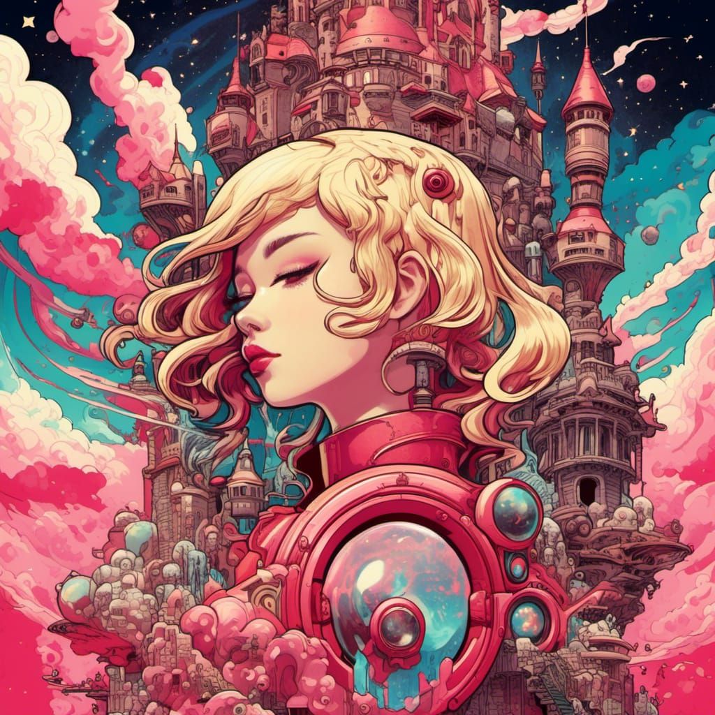 <lora:Crayon Story Book:1.0>3d render anime Dieselpunk castle inside a beautiful shinny surreal mechanical glittery ruby blonde female head...