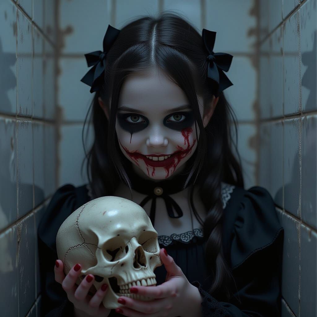 Gothic Girl with Skull in Dark Bathroom