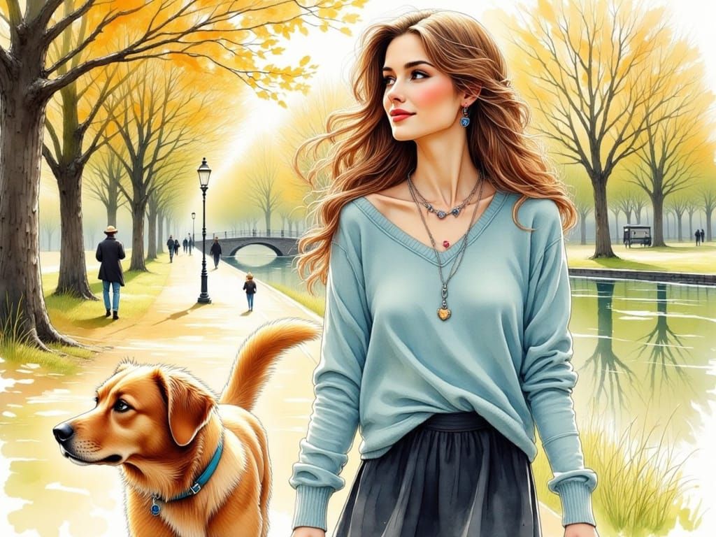 She’s walking her dog in the park 