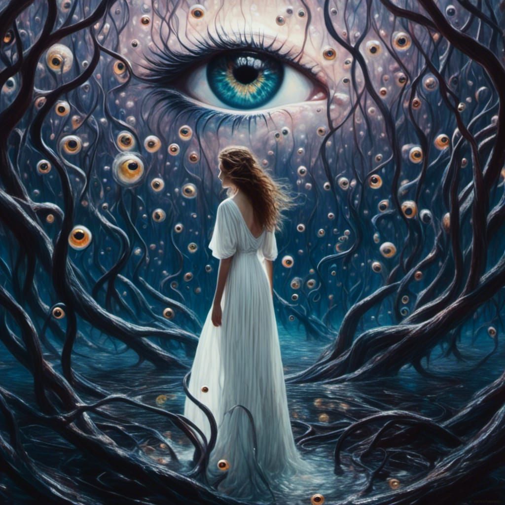 Surreal Woman Gazing at Colossal Eye