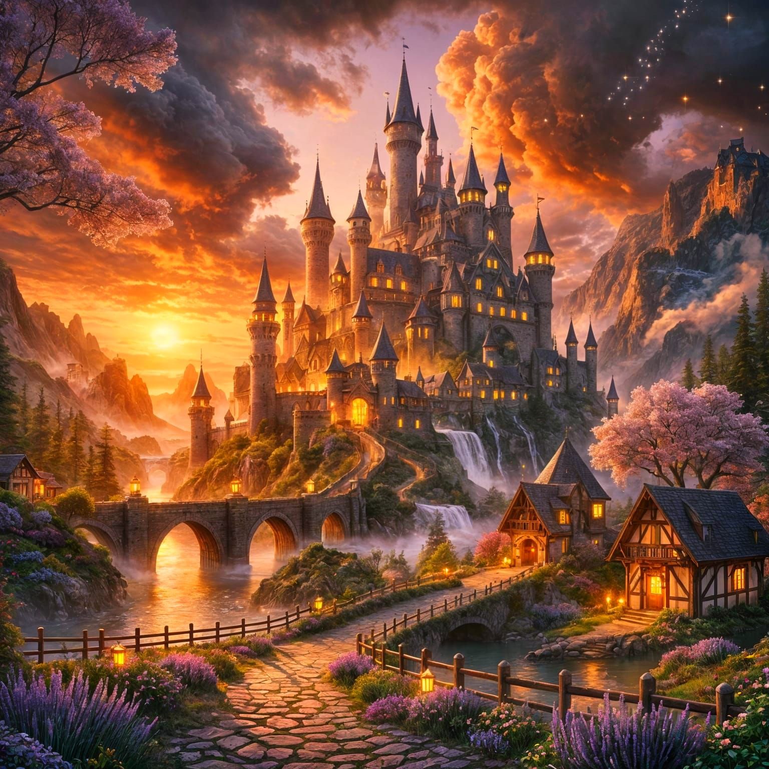 Epic Fantasy Castle at Sunset in Storybook Style