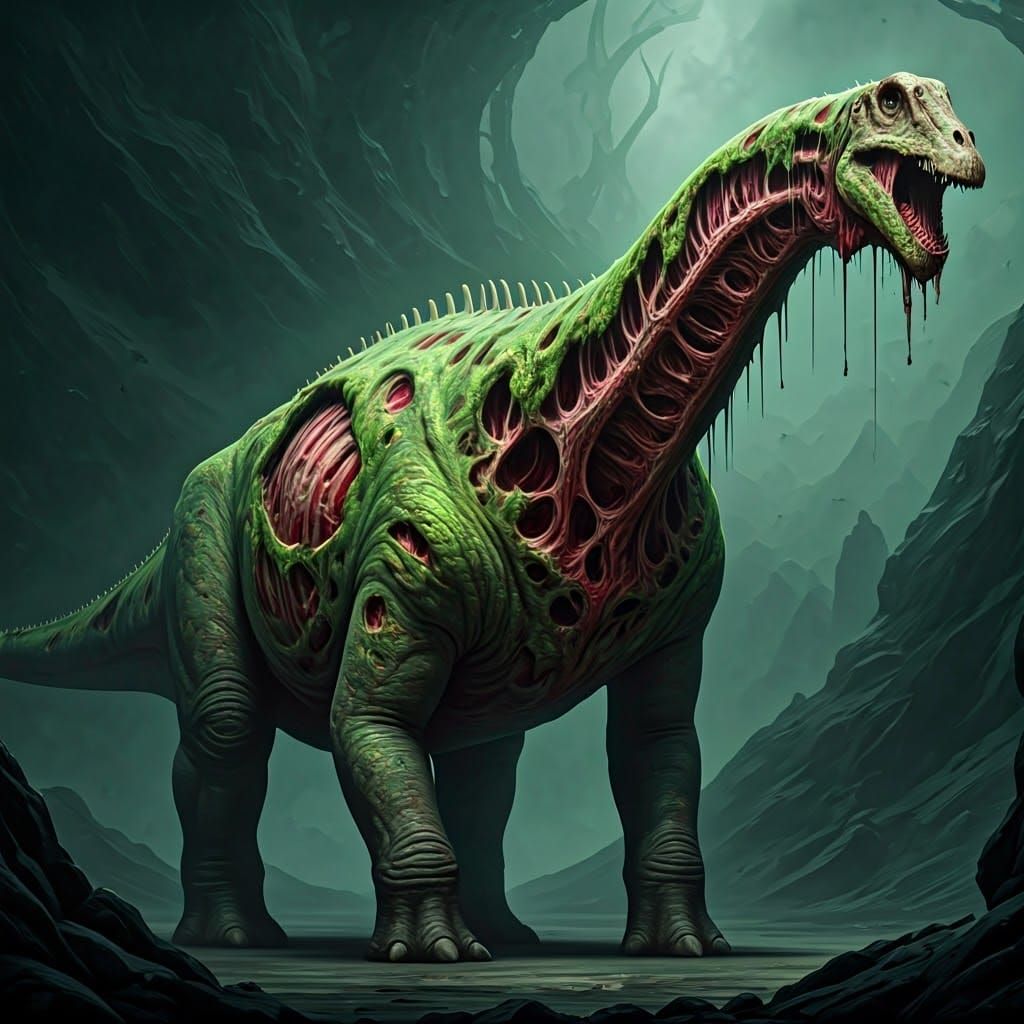 Make an image a zombified titanosaur sauropod, with its fles...