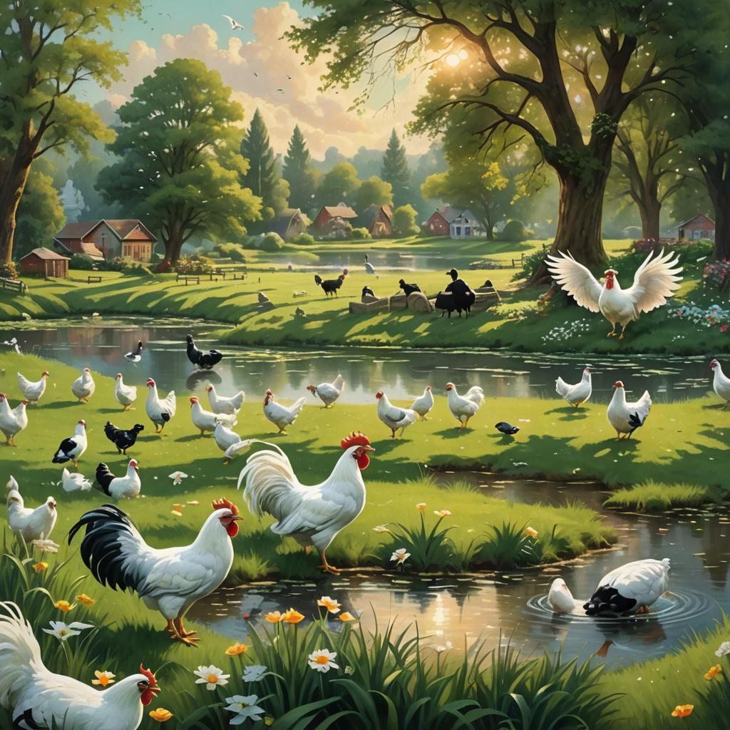 Idyllic Rural Landscape with Farm Animals, Digital Art