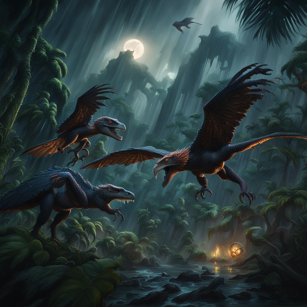Raptors hunting in a stormy rainforest at night