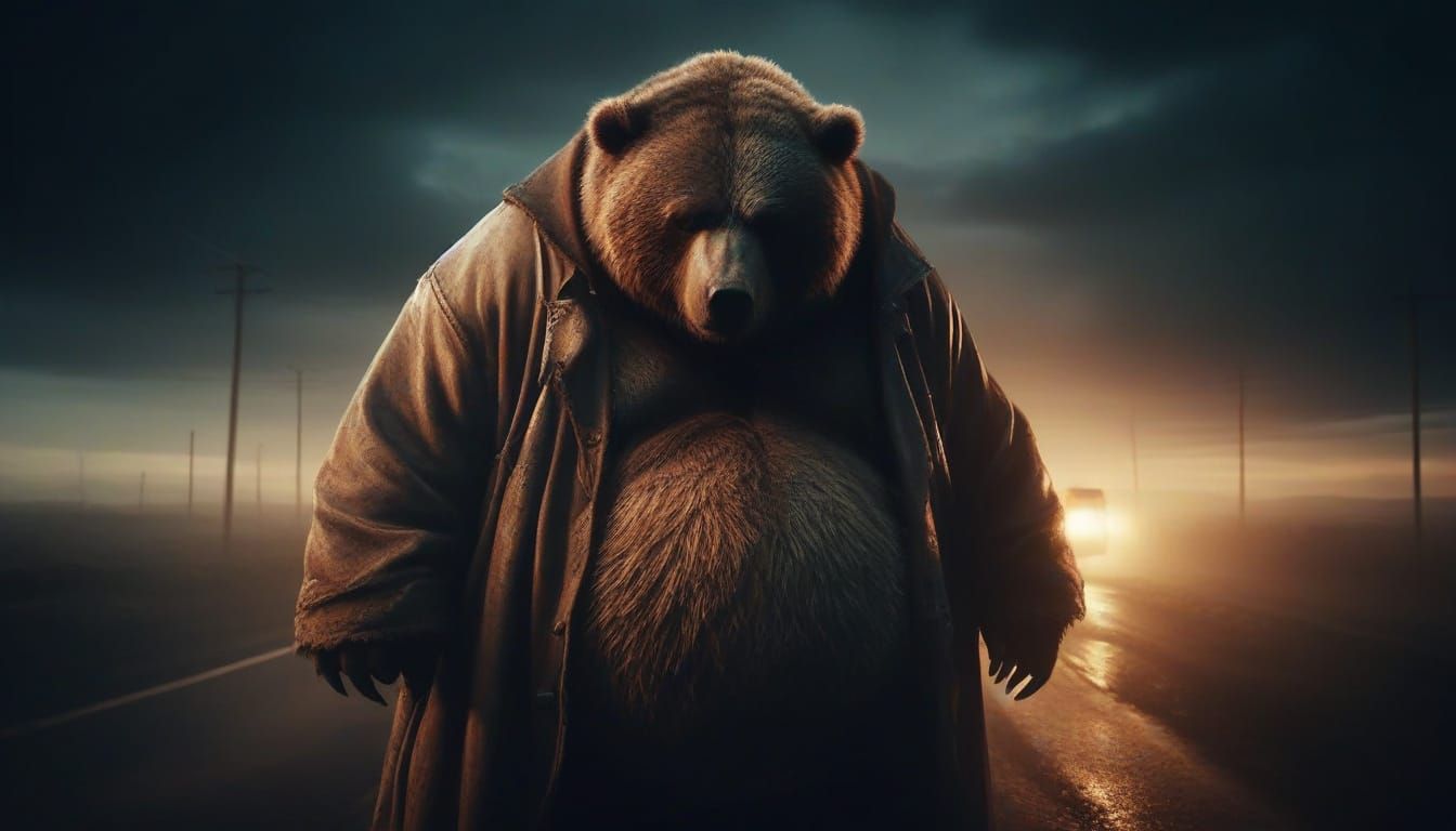 Close up: Obese Kodiak Bear in a worn leather duster, standing on a dusty, desolate road under a bruised, twilight sky; he hunches trying to...
