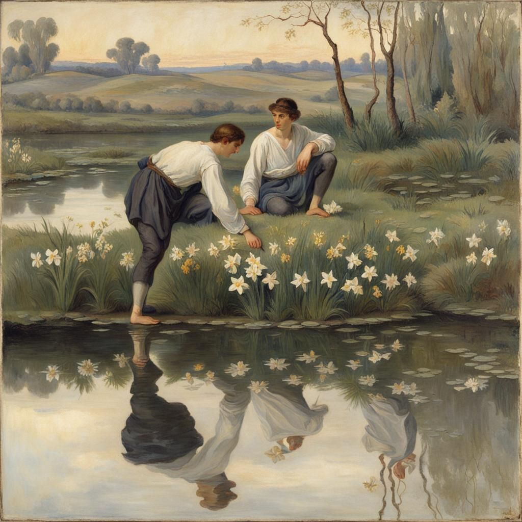 narcissus looking at his reflection at a pond - AI Generated Artwork ...