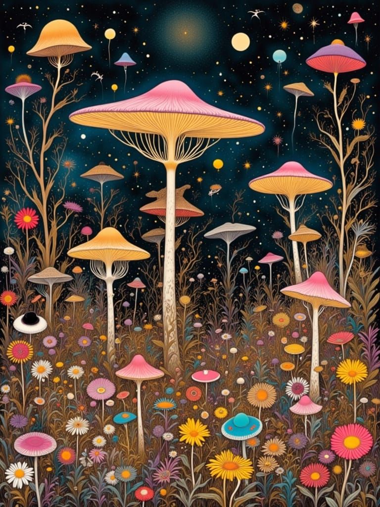Bioluminescent mushrooms in an Art Nouveau style. A sprawling field of bioluminescent mushrooms pulsates with an otherworldly glow. Alien sp...