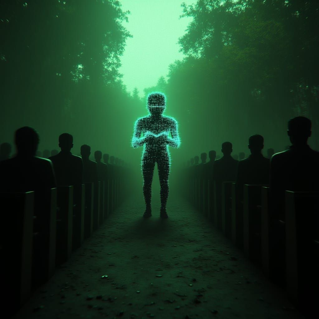  <lora:GlitchFlux MJ6-1:1.3> A silhouette of an AI robot reading from the Bible, with digital particles swirling around it in front of rows ...