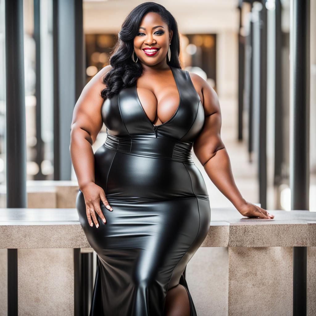 very curvy and very endowed big breasted bbw with a naughty smile wearing a  tight low cut leather gown with matching thigh high stocki... - AI  Generated Artwork - NightCafe Creator