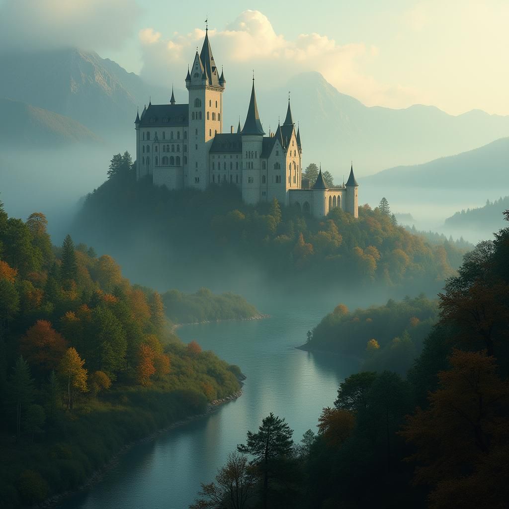 A castle on a hill, Svarra, surrounded by forests and river valleys, picturesque 