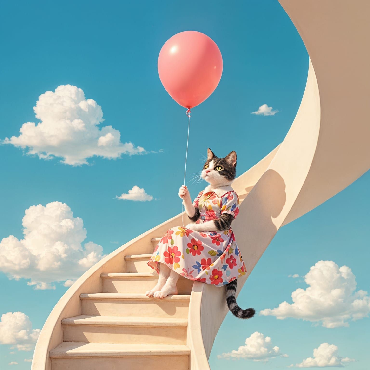 Cat on Spiral Staircase to Sky: Surreal Dreamscape