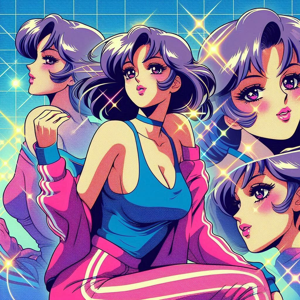a 1980s anime style image of a woman fashion model drawn in ...