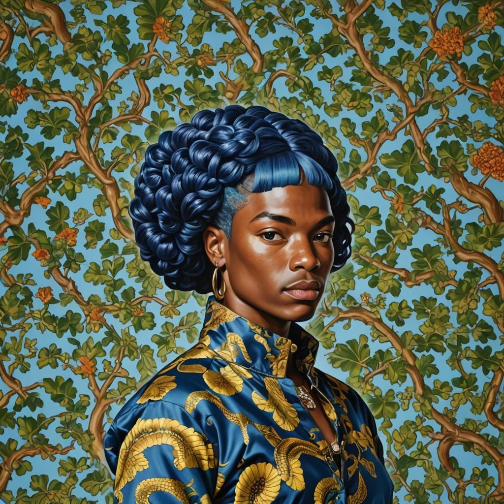 Portrait with Blue Hair and Snake in Ornate Style
