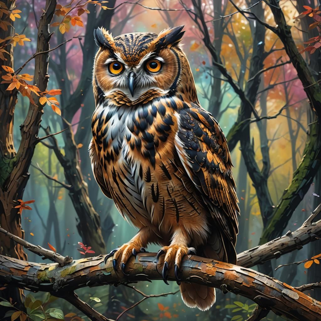 Owl sitting on a tree branch in the forest  by @Mila K
