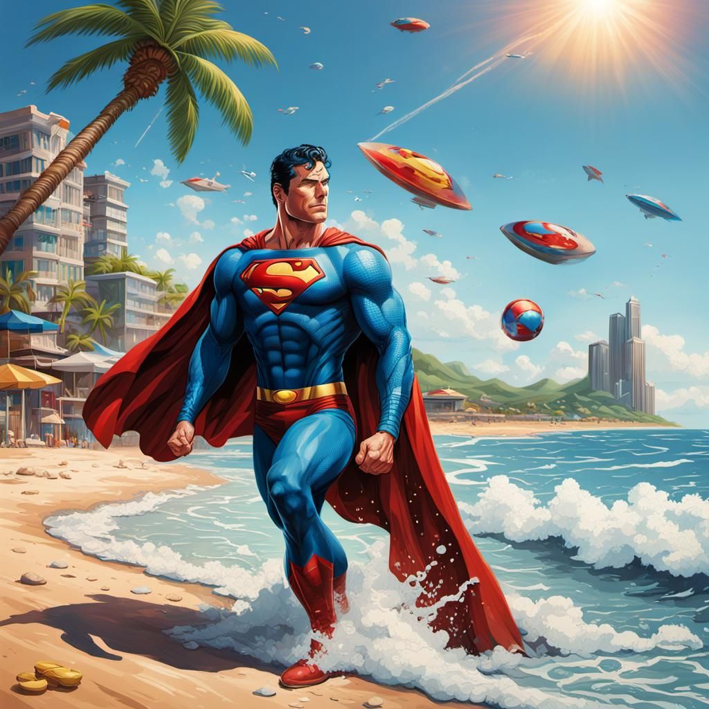 Superman on vacation on a beach - AI Generated Artwork - NightCafe Creator