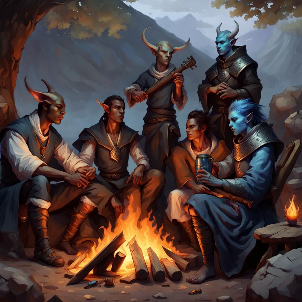 Five unique characters sitting around a camp fire; 1 - Hands...