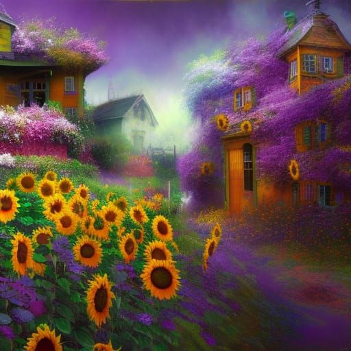 Haunted house ;

sunflowers and roses ; purple and peach ; triadic colors 

; 8k resolution concept art by Greg Rutkowsk...