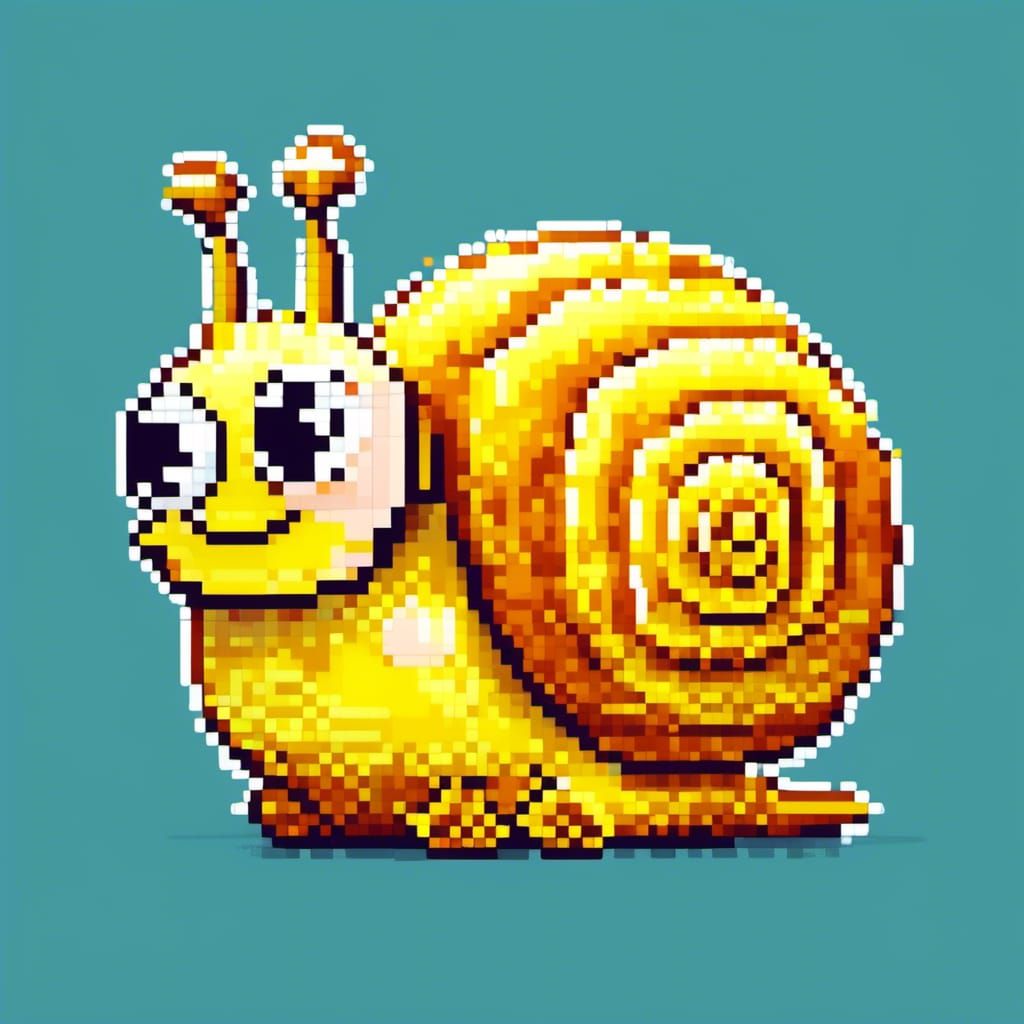 <lora:Modern-Pixelation:1.0>Cartoon cute snail, the snail has a shiny yellow shell and a friendly face, plain background, professional, 8-b...