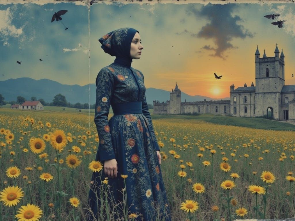 <lora:Atmosphere in Flux:1.0> Woman in Handmaid attire, surrounded by sunflowers and butterflies, amidst a dystopian future with chaos and ...