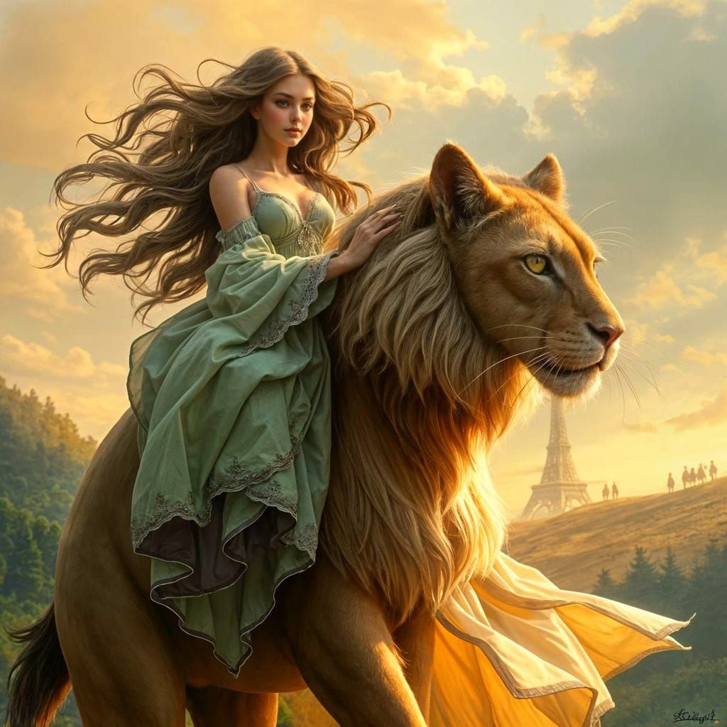 Majestic Woman Rides Gigantic Cat in Enchanted Landscape