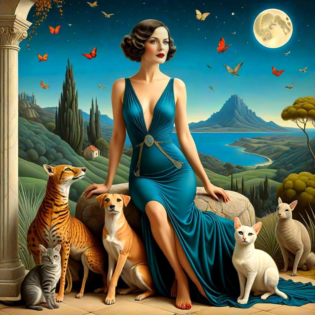 Glamorous Lady in Whimsical 1920s Landscape