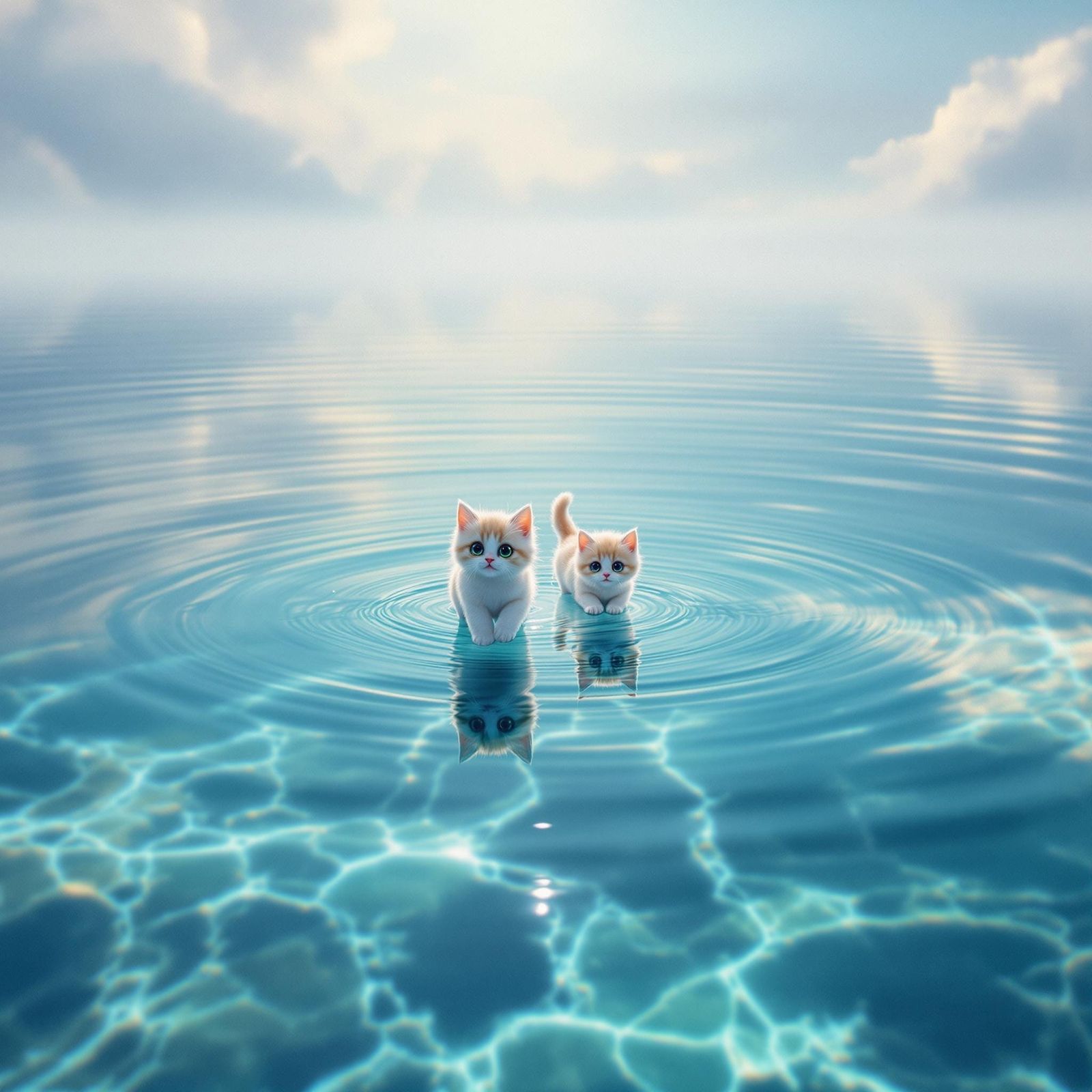 a large crystal-clear water surface, creating gentle ripples...