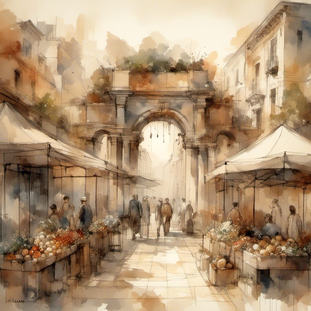 <lora:DreamWash:1.0> Grand entrance to a Roman market