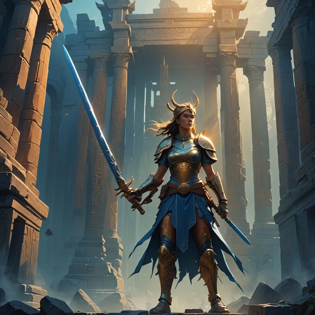 Victorious Female Warrior in Mystical Temple