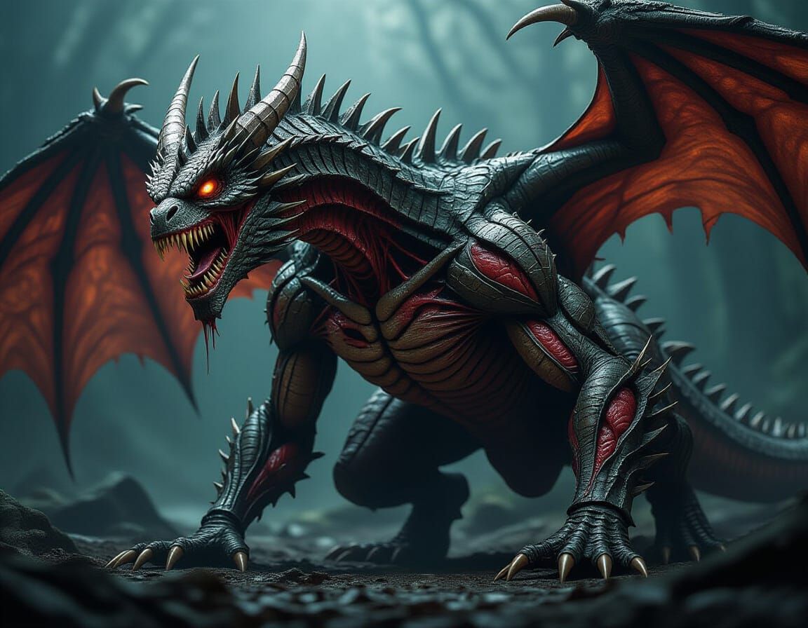 Dark image, A Zombie Dragon, With Open Wounds All Over, Internal Organs Showing Through The Wounds. intricate details, HDR, beautifully shot...