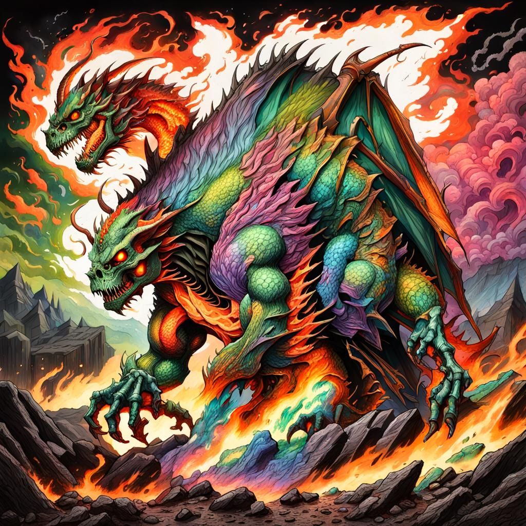 (Gigantic menacing dusty flaming colorful skeletal savage dr...