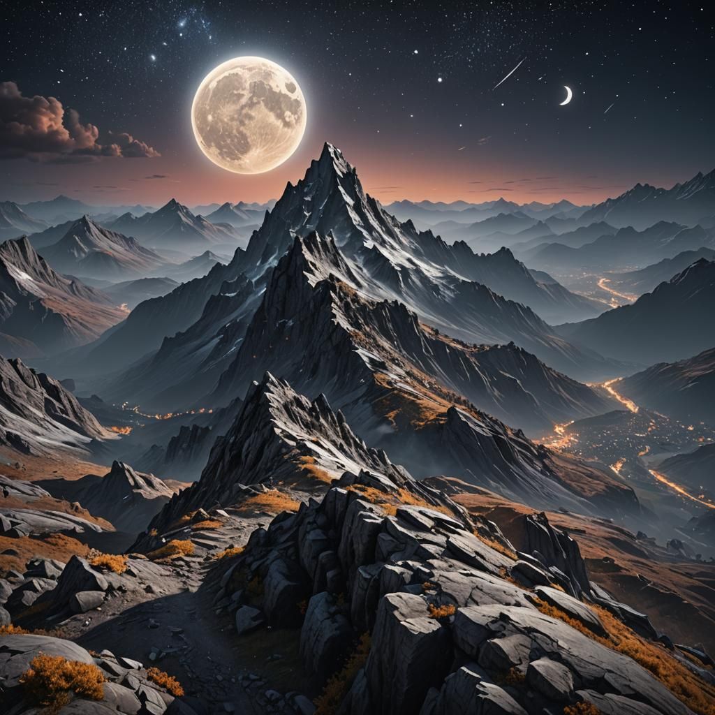 8k moon night on a mountain top standing majestic, focused, ...