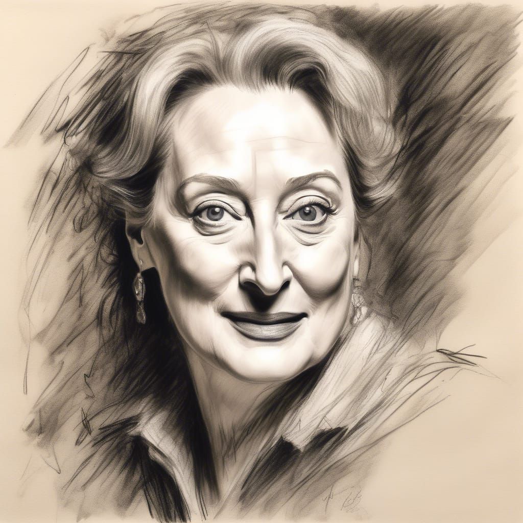 Meryl Streep, portrait in charcoal