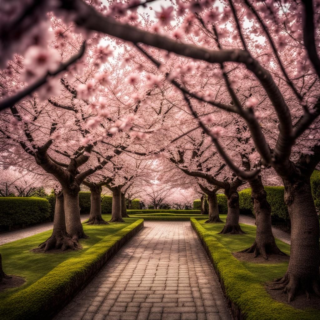 Japanese Cherry Blossom trees in a garden