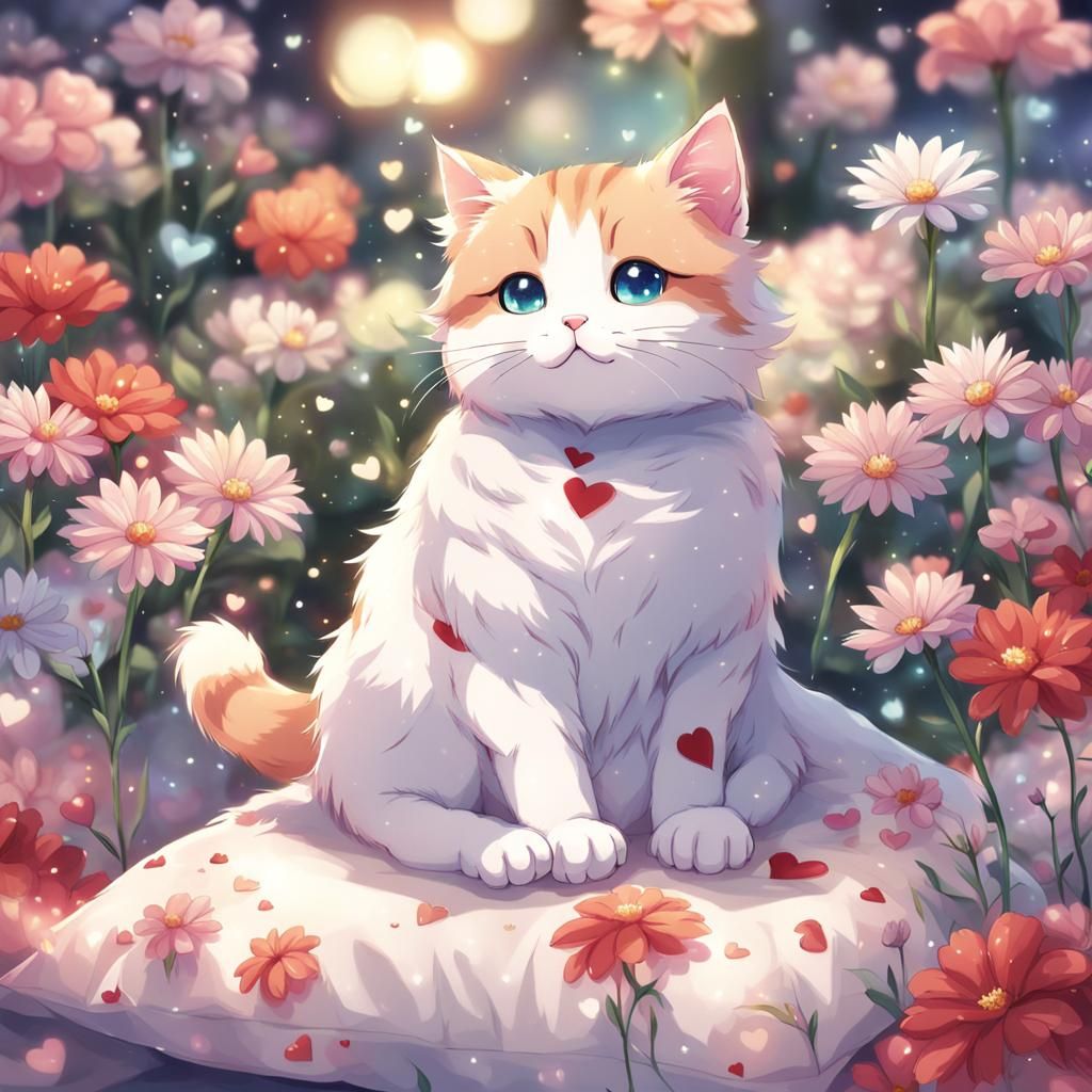 cute cat sitting on a pillow, surrounded by flowers, tiny he...